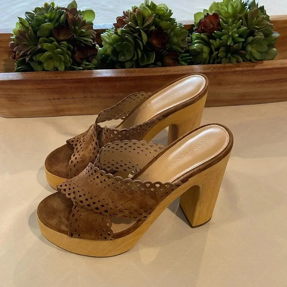 Veronica Beard Tan Suede Platform Mules with Wooden Block Heel